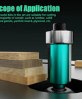 Close-up of 20 Piece One Quarter Inch Router Bits Set For Woodworking showing carbide bit and various wood materials for cutting
