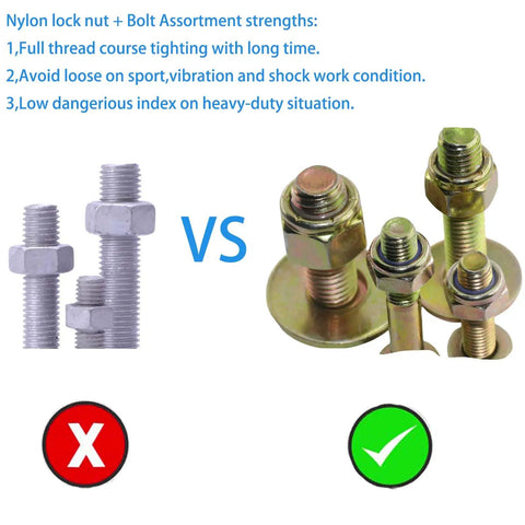 Comparison of bolts without and with nylon lock nuts; Galvanized Carriage Bolts with Large Washer Assortment Kit on right