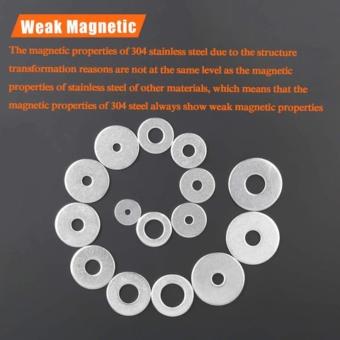 Front view of 50 stainless steel flat washers, 1 in outer diameter, 5/16 in inner diameter, 0.055 in thick