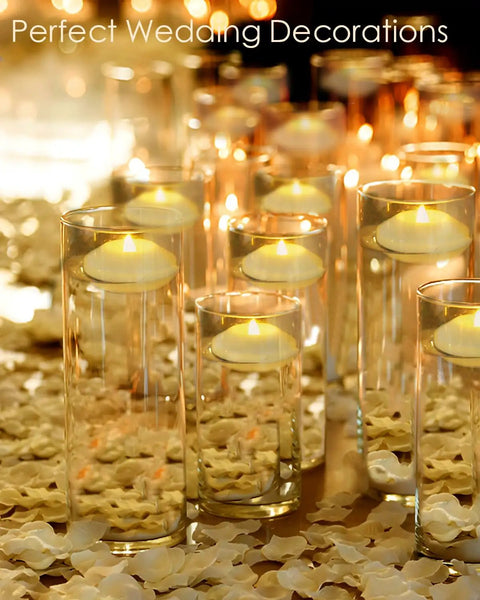 12 Pack LED Floating Candles 3 Inch Flameless Plastic Tea Lights for Bathtub Pool and Vase Centerpiece, glowing in tall glasses