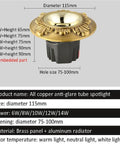 4.5 Inch Brass Downlight With Cob Recessed Lighting Kit And Six To Fourteen Watt Options For Zero Hassle Corridor Or Living Room Ceiling Install That Delivers Straight Up Brilliant Glow Indoors showing brass housing and diameter measurements.
