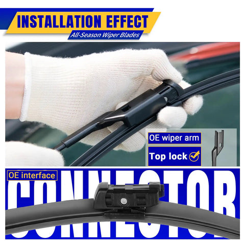 Installation of Heavy Duty Front Windshield Wiper Blades For Tesla Model 3 And Model Y showcasing top lock connector and OE interface.
