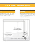 Quick start instructions for iSwitch Auto On-Off Submersible Pump, 0.25 HP, reinforced thermoplastic, showing water level operation.