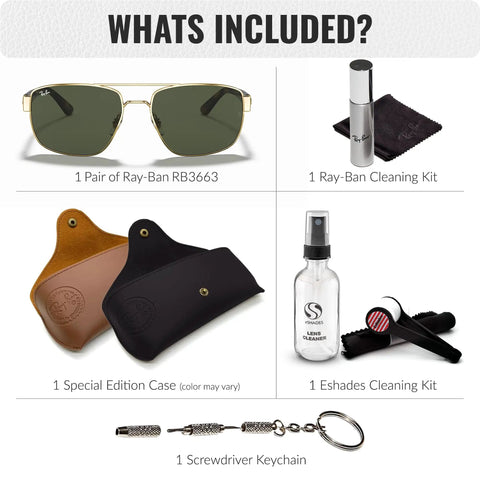 Square Round Sunglasses For Men Non Polarized Green Lens With Official Eyewear Kit shown with cleaning kits and cases