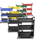 Heavy Duty Three Shelf Rolling Service Cart Built To Haul For Foodservice Restaurant Cleaning And Warehouse Or Garage Use 200 Lb Capacity Black Durable Rust Resistant Easy Maneuverable Ergonomic Handle, black 3-shelf cart on casters