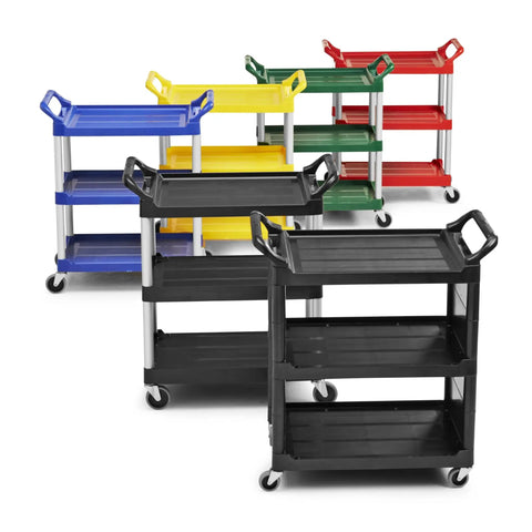 Heavy Duty Three Shelf Rolling Service Cart Built To Haul For Foodservice Restaurant Cleaning And Warehouse Or Garage Use 200 Lb Capacity Black Durable Rust Resistant Easy Maneuverable Ergonomic Handle, black 3-shelf cart on casters
