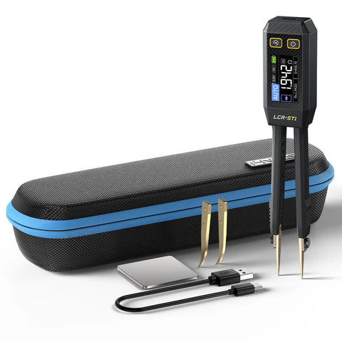 LCR ST1 10KHz LCR Meter With Tweezers Beast All In One SMD Tester with case, tweezers, cables, and metallic plate