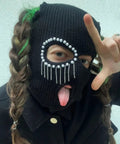 Distressed Balaclava Face Mask With Halloween Spooky Style Dope, Funny Scary Knit Full Face Ski Mask, adorned with pearls