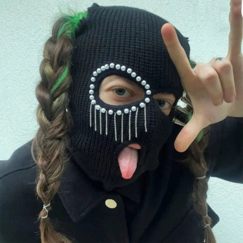 Distressed Halloween Balaclava Full Face Mask With Knit Beanie Hooded Style featuring braided hair and playful gesture