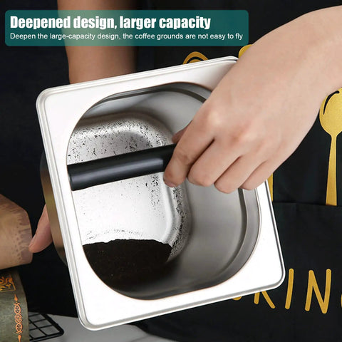 Hand holding Stainless Steel Espresso Knock Box With Rubber Bar for easy coffee grounds disposal, large capacity shown