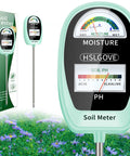 Close-up of a 2 In 1 Soil Moisture And pH Meter Tester with Dual Screen, displayed in PaleGreen with boxed packaging and garden background.