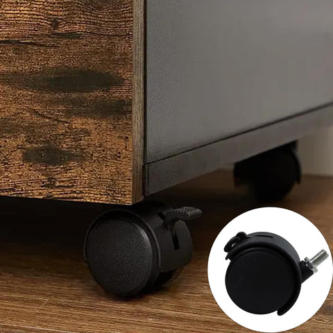 Four Pack 1.5 Inch Universal Caster Wheels With Brakes installed on wooden office furniture close-up view