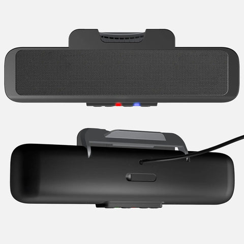 Top and back view of USB And Bluetooth Speaker Bar For PC With Monitor Clamp And Speakerphone 5W Power USB Powered Desk Sound Bar