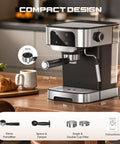 Effortless Home Barista Kit Compact Espresso Machine With 20 Bar Pump and Quick Milk Frother Led Touch Control Coffee Maker on kitchen table