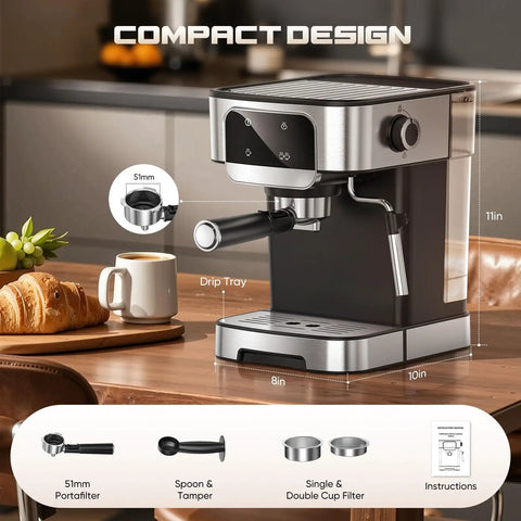 Effortless Home Barista Kit Compact Espresso Machine With 20 Bar Pump and Quick Milk Frother Led Touch Control Coffee Maker on kitchen table