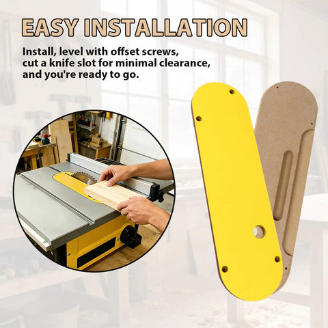 Zero Clearance Insert Throat Plate Set (3-Pack) for Popular Table Saws shown with leveling screws and easy height adjustment