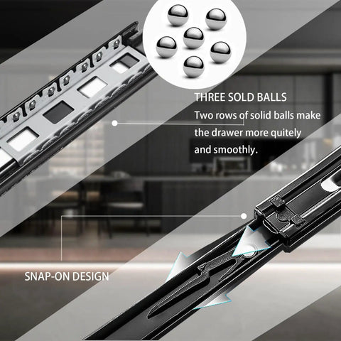 16 Inch Full Extension Drawer Slides With Side Mount Metal Ball Bearings, Heavy Duty 100 LB Load, Screws Included, Durable Cold Rolled Steel Rails For Cabinets Wardrobes And Kitchen Drawers, 1 Pair, side view with three-ball snap-on design