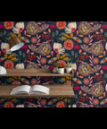 Custom Printed Colorful Blue Floral Vinyl Wallcovering Featuring Subtle Leather Texture Paste Apply Built Tough Commercial Grade Decor Roll For Offices Hotels And Restaurant Spaces Certified Favorite displayed in an office setting with a wooden desk and decorative plants.