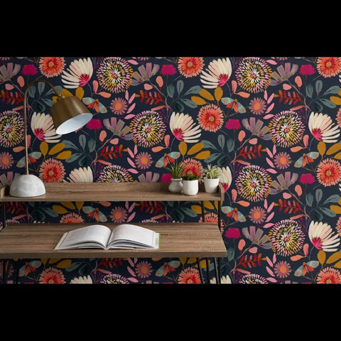 Custom Printed Blue Floral Wallpaper Matte Linen Texture PVC-Free Type II Heavy Duty Pro Grade Wall Covering in a stylish room setup.