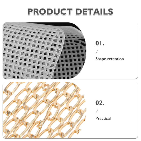 Three Pack Plastic Mesh Sheets Purse Making Kit for DIY Totes and Bags, Ideal for Craft Lovers, Embroidery, and Embellished Accessories, Build Custom Purses, Crochet Bags, Tote Bags, and Stylish Mesh Art Projects. White plastic mesh sheet and gold chain pattern.