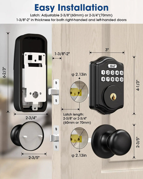 Keyless Entry Door Lock Set For Home, Front Door Lock With Knob, Electronic Keypad Lock, 300 User Codes, Auto Lock Deadbolt, IP56 Waterproof, Easy Install, No Key Hassle, Black, installation guide with dimensions shown on a door