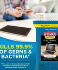 Disinfecting Electronic Wipes for screens and devices package alongside a tablet on a table, focusing on use for quick dry cleaning.