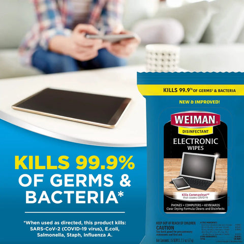 Disinfecting Electronic Wipes for screens and devices package alongside a tablet on a table, focusing on use for quick dry cleaning.