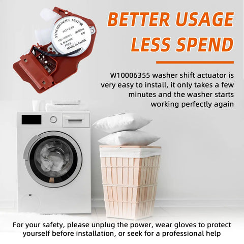 Rock Solid Washer Shift Actuator Compatible With Whirlpool And Crosley Front Load Machines, red motor part in front of washing machine.