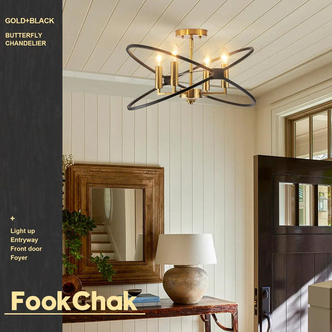 Black And Gold Industrial Ceiling Light Fixture With Four Light Candle Chandelier Ceiling Mount For Dining Room Kitchen Island Living Room And Bedroom E12 Sockets Vintage Style Home Lighting, in entryway with mirror and lamp.
