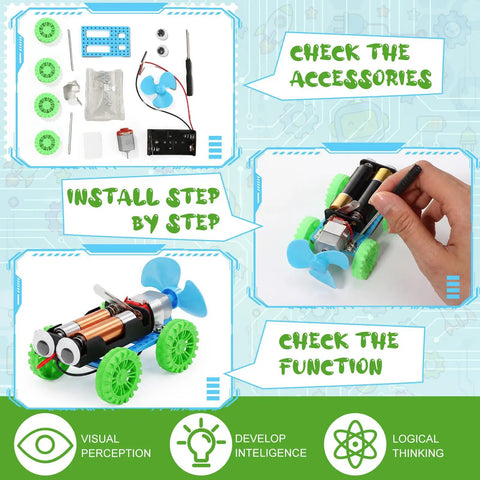 16 Pack Wind Powered Stem Craft Kits For Kids That Make Science Fun With Hands On DIY Vehicle Building Toys Bulk Robotics And Electronic Projects For Group Activities Educational Stem Learning Bundle parts and assembled car