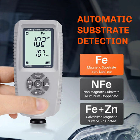 Car Paint Thickness Gauge With Automatic Ferrous Non-Ferrous And Galvanized Coating Detection, 0-2000 Micrometers For Steel And Aluminum Car Panels, Fast Accurate Readings And Easy Substrate Recognition, hand-held display showing Fe