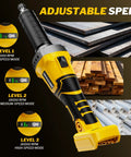 Heavy Duty Game Changer 1100W Brushless Cordless Die Grinder adjustable speed controls showing three RPM levels for various materials.