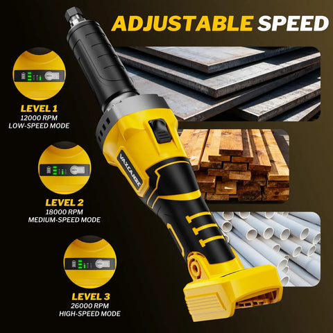 Heavy Duty Game Changer 1100W Brushless Cordless Die Grinder adjustable speed controls showing three RPM levels for various materials.