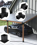 Installed 15 degree slanted roof pergola with black steel brackets for wood posts, showing three-way and wall mounts.