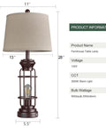 Set Of 2 Farmhouse Style Table Lamps For Living Room And Nightstand, 28 Inch Dimmable Touch Lamps In Oil Rubbed Bronze Finish, Includes 4 Bulbs, Rustic Industrial Lighting That Pops In Any Room; oil-rubbed bronze lamp with beige shade, product dimensions and specs displayed