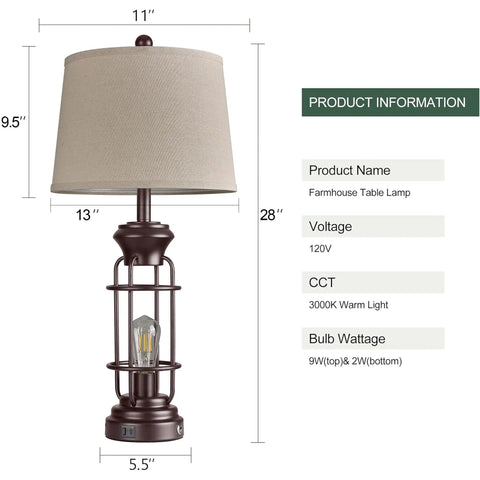 Set Of 2 Farmhouse Style Table Lamps For Living Room And Nightstand, 28 Inch Dimmable Touch Lamps In Oil Rubbed Bronze Finish, Includes 4 Bulbs, Rustic Industrial Lighting That Pops In Any Room; oil-rubbed bronze lamp with beige shade, product dimensions and specs displayed