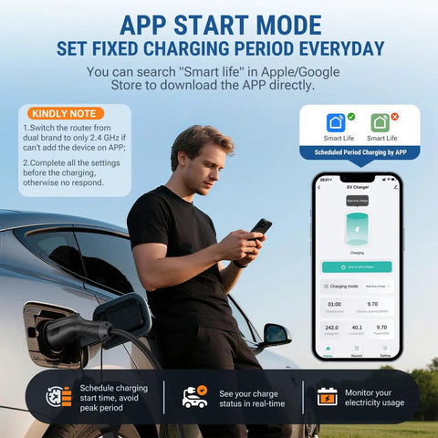 Person using Level 2 EV Charger 32A With WiFi App And Plug And Play 240V NEMA 14-50P with smartphone app interface displayed.