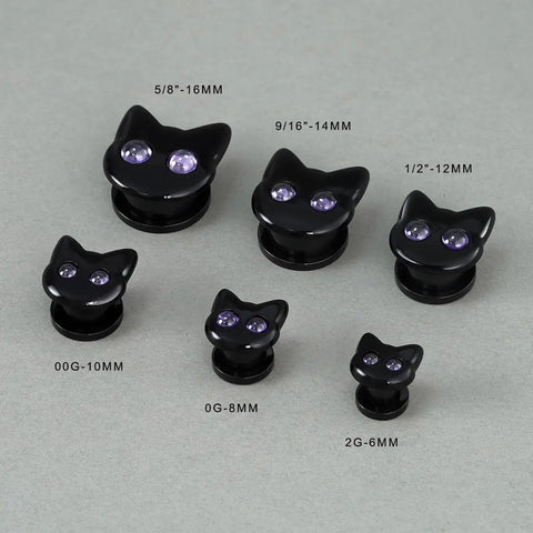 Black Cat Ear Gauges 5/8 Inch Stainless Steel Ear Tunnels With Dope Cartoon Cat Design And Purple Eyes For Standout Piercings