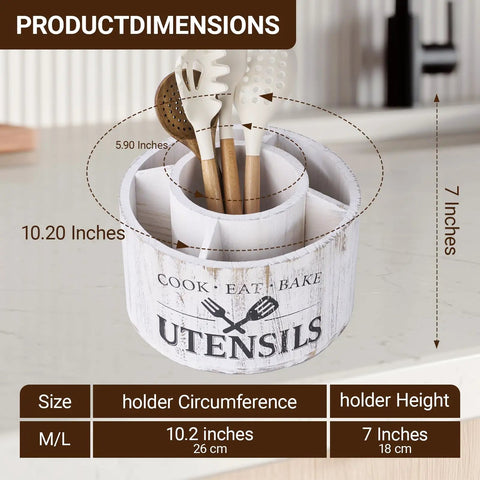 Extra Large 10 Inch Kitchen Utensil Holder With Slick 360 Degree Lazy Susan Spin That Keeps Counters Clean And Makes Grabbing Spatulas Whisks And Tongs Total Breeze, displaying five compartments and utensils.