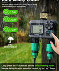 Person adjusts Two Zone Hose Timer With Dual Outlet Sprinkler Control Brass Inlet Rain Delay Manual And Auto Modes