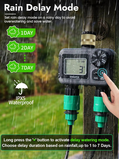 Person adjusts Two Zone Hose Timer With Dual Outlet Sprinkler Control Brass Inlet Rain Delay Manual And Auto Modes