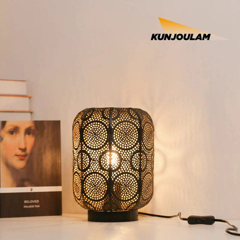 Industrial Table Lamp For Nightstand And Desk With Plug In Power, Black Hollow Carved Metal Cage Lantern Lighting on table