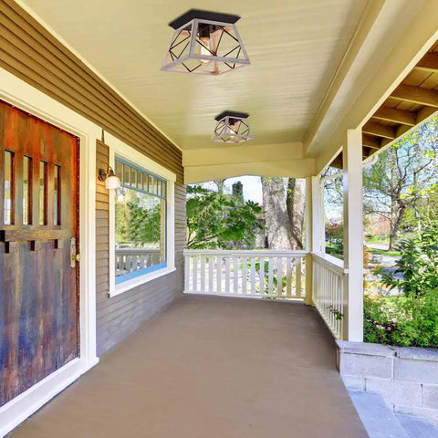 Rustic Farmhouse Flush Mount Ceiling Light Fixture With Wrought Iron Oak White Accents And ORB Details on porch ceiling