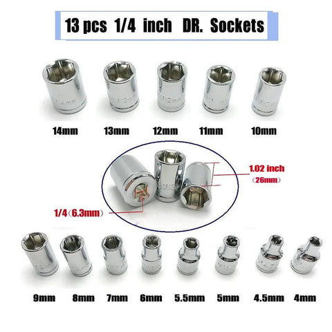 13-piece metric sockets from 46 Piece One Quarter Inch Drive Socket Ratchet Set For Auto And Home Repair displayed in a row
