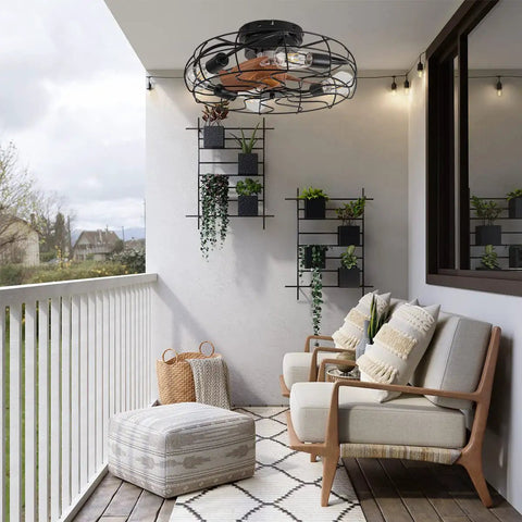 Dope Industrial Black Caged Ceiling Fan With Lights 20 Inch Modern Smart Ceiling Fan With Remote in stylish living room