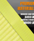 Close-up of yellow heavy-duty polyester webbing of 4 Pack 2 Inch By 36 Inch Premium Axle Straps With D Ring Adjustable Tire And Wheel Tie Downs