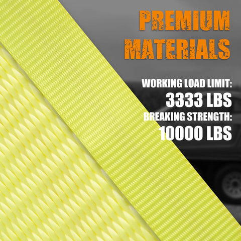 Close-up of yellow heavy-duty polyester webbing of 4 Pack 2 Inch By 36 Inch Premium Axle Straps With D Ring Adjustable Tire And Wheel Tie Downs
