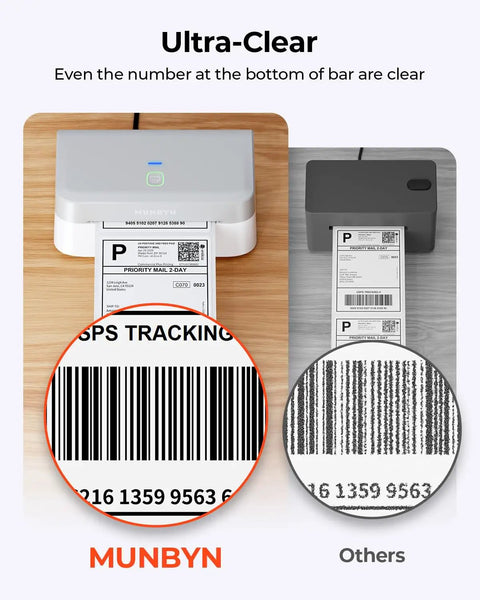 Wireless Bluetooth Thermal Label Printer For 4x6 Shipping Labels And Print Width 1.57 To 4.25 Inches Ideal For Small Businesses With Driver Free Setup And Broad Compatibility Across Android iPhone Windows Mac And Chromebook Gray displaying clear barcode print quality comparison