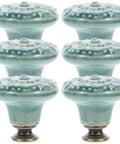Six Piece Vintage Ceramic Cabinet Knob Set In Sky Blue, Antique Round Drawer Pulls, one-hole mount, side view