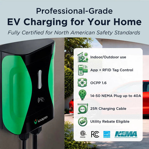 Sapphire Pro Level 2 EV Charger 240V 48A Hardwired Or 40A NEMA Plug, shown with app control and weatherproof design.